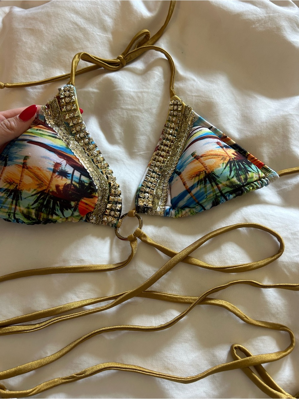 Multicolor Palm Print Triangle Bikini Top with Gold Trim